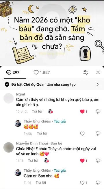Bình luận của khán giả trên TikTok gửi Thầy Ưng Khiêm, ngày 25/11/2025