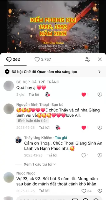 Bình luận của khán giả trên TikTok gửi Thầy Ưng Khiêm, ngày 13/02/2026