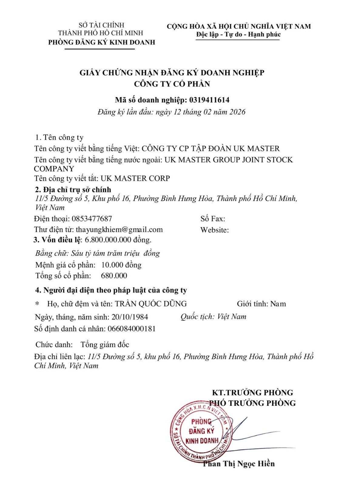 Giấy chứng nhận đăng ký doanh nghiệp CÔNG TY CP TẬP ĐOÀN UK MASTER, mã số thuế 0319411614