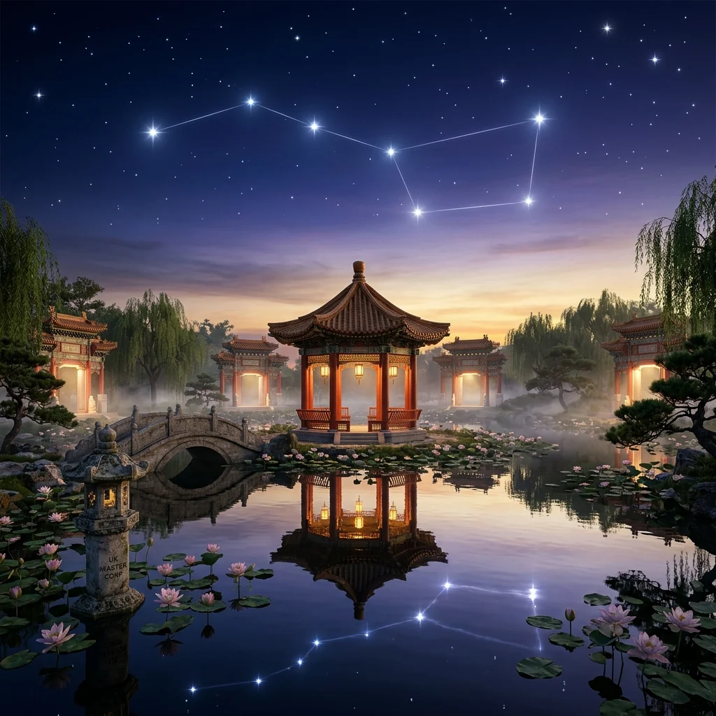 Nine Stars of the Big Dipper shining over an octagonal pavilion and Eight Vermilion Gates · UK MASTER CORP