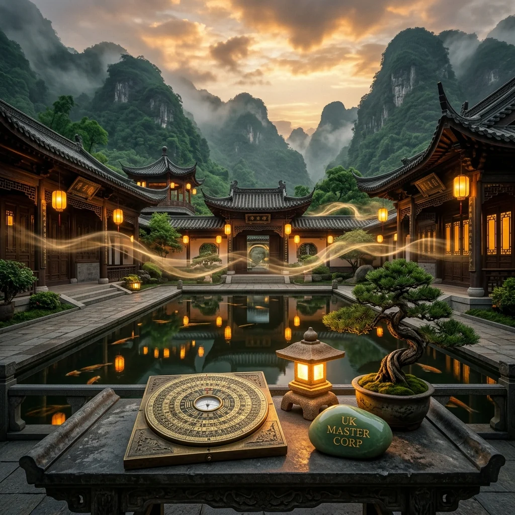 Luxurious Oriental courtyard villa with koi pond, mountain backdrop, and brass Qi Men compass · UK MASTER CORP