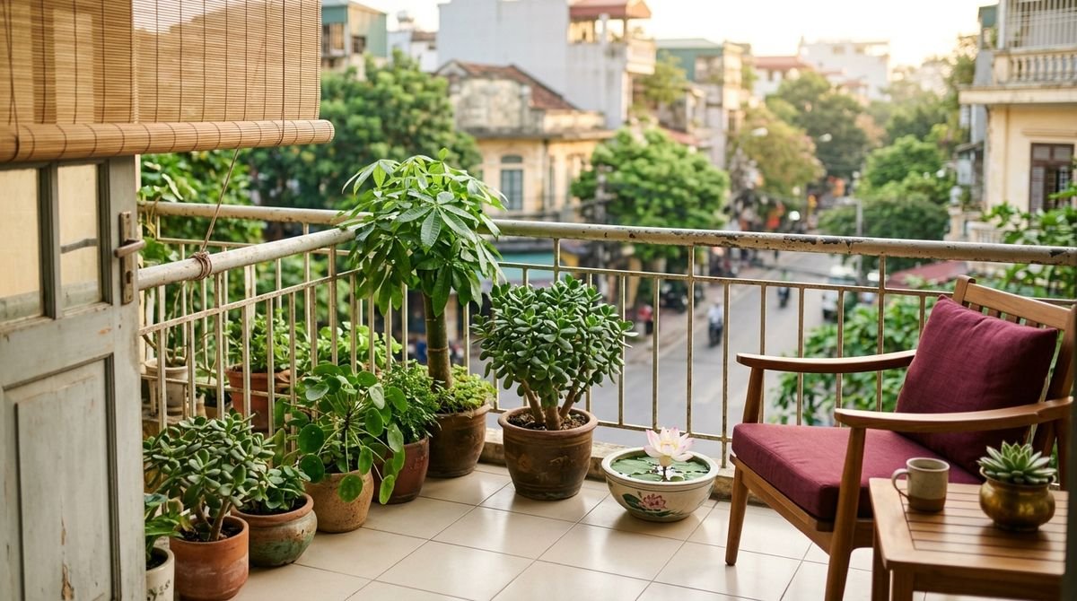 Sunlit modern apartment balcony and townhouse skylight terrace featuring lush green Areca palms in ceramic planters, wooden pergola shading, and clear aerial Ming Tang sightlines.