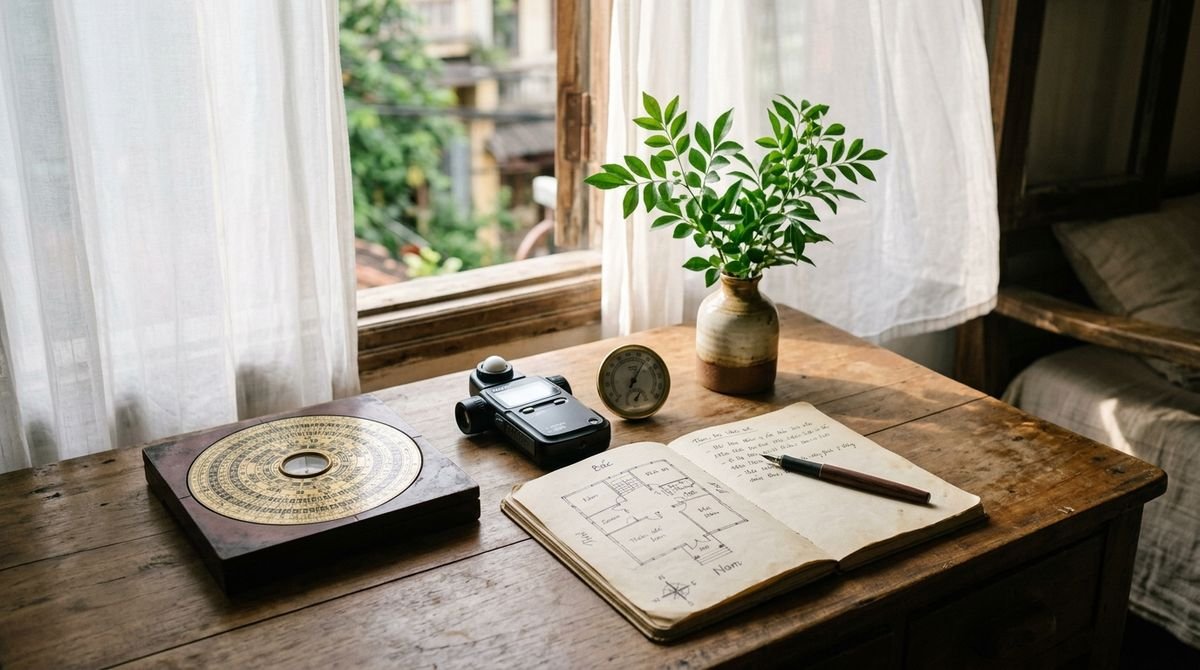 Is feng shui real: a luopan compass next to a light meter, a hygrometer and a notebook with a floor plan, by a bright window