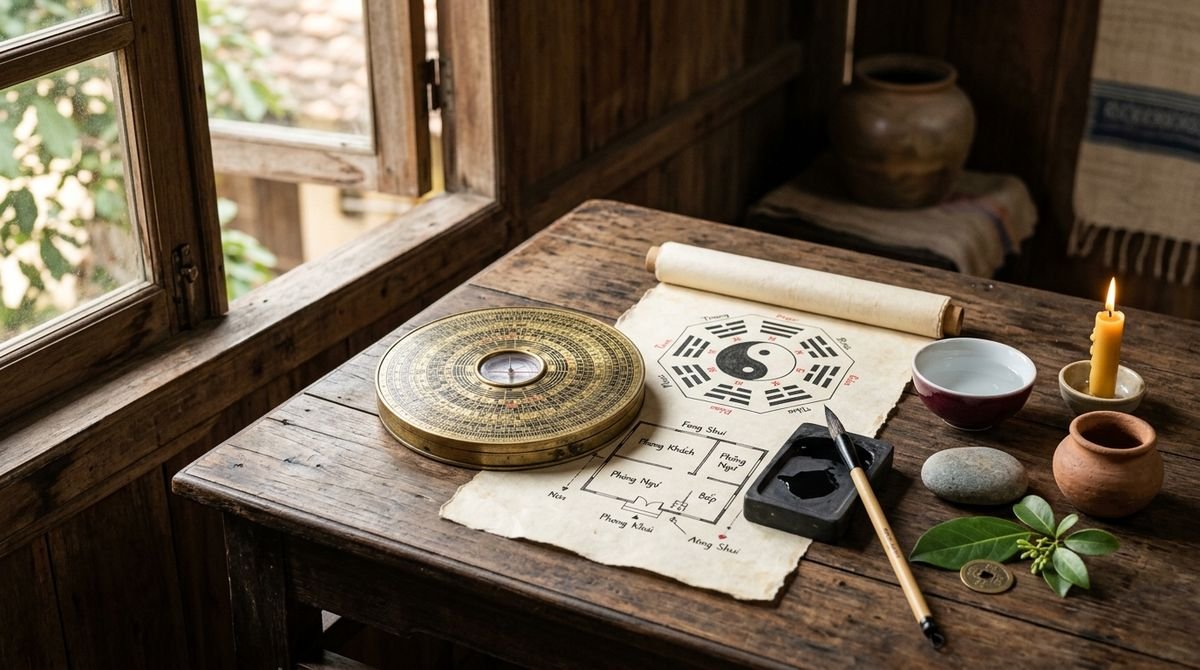 What is feng shui: a house backed by mountains, looking out over a winding river