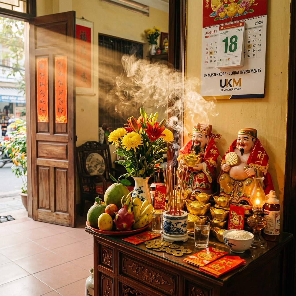 Bàn thờ Thần Tài Ông Địa hướng ra cửa chính đón lộc