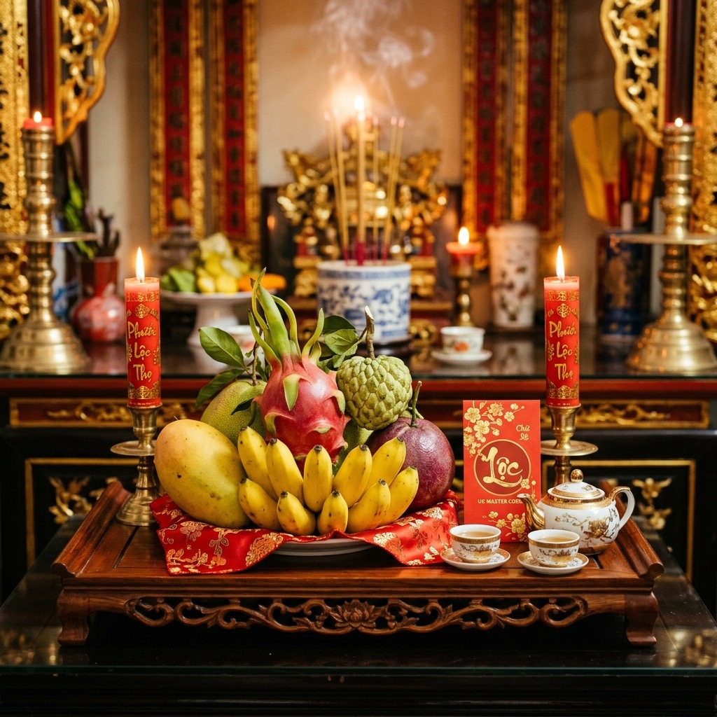 Mâm cúng ngũ quả ngày rằm mùng một