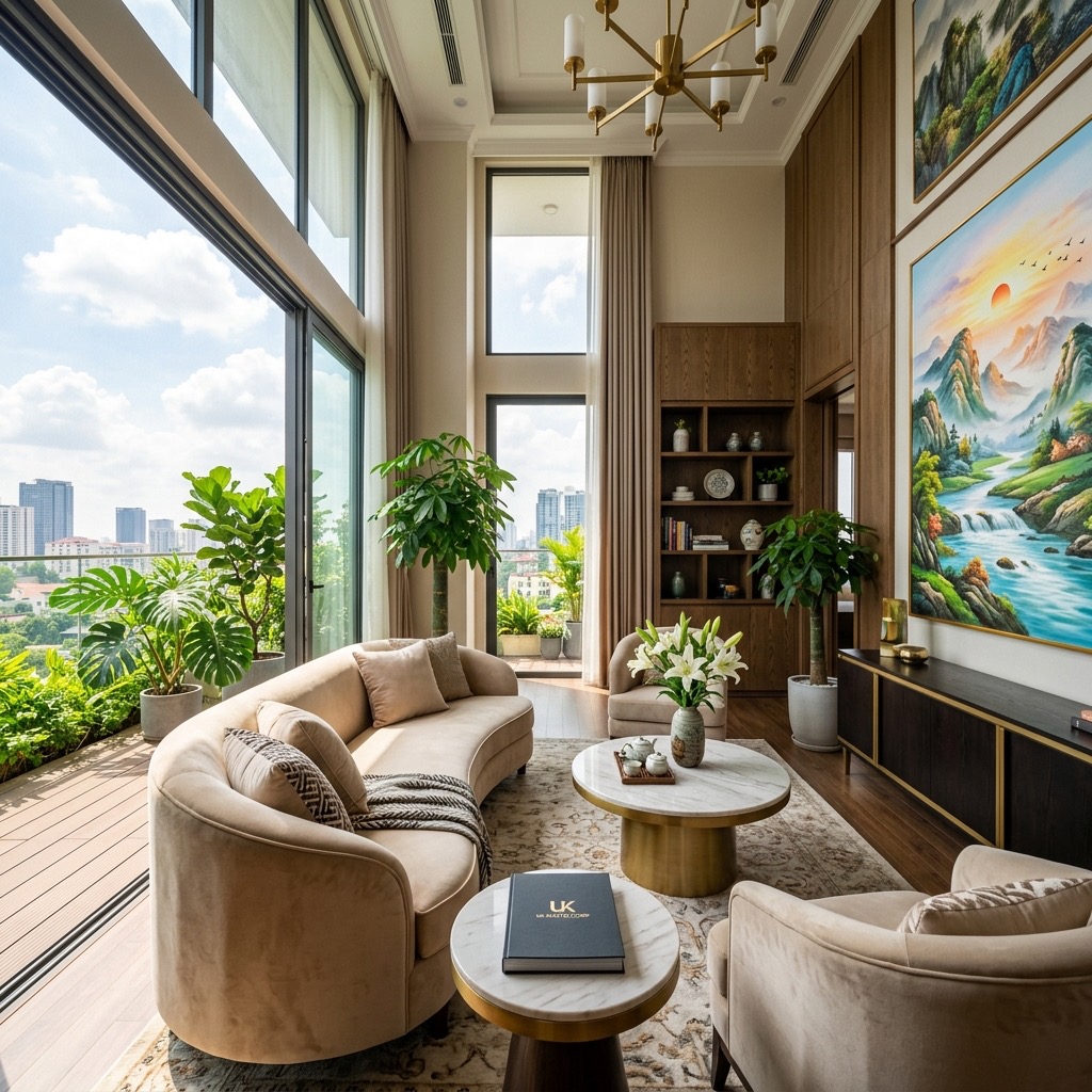 Phong thủy phòng khách - sofa, tranh, cây cảnh