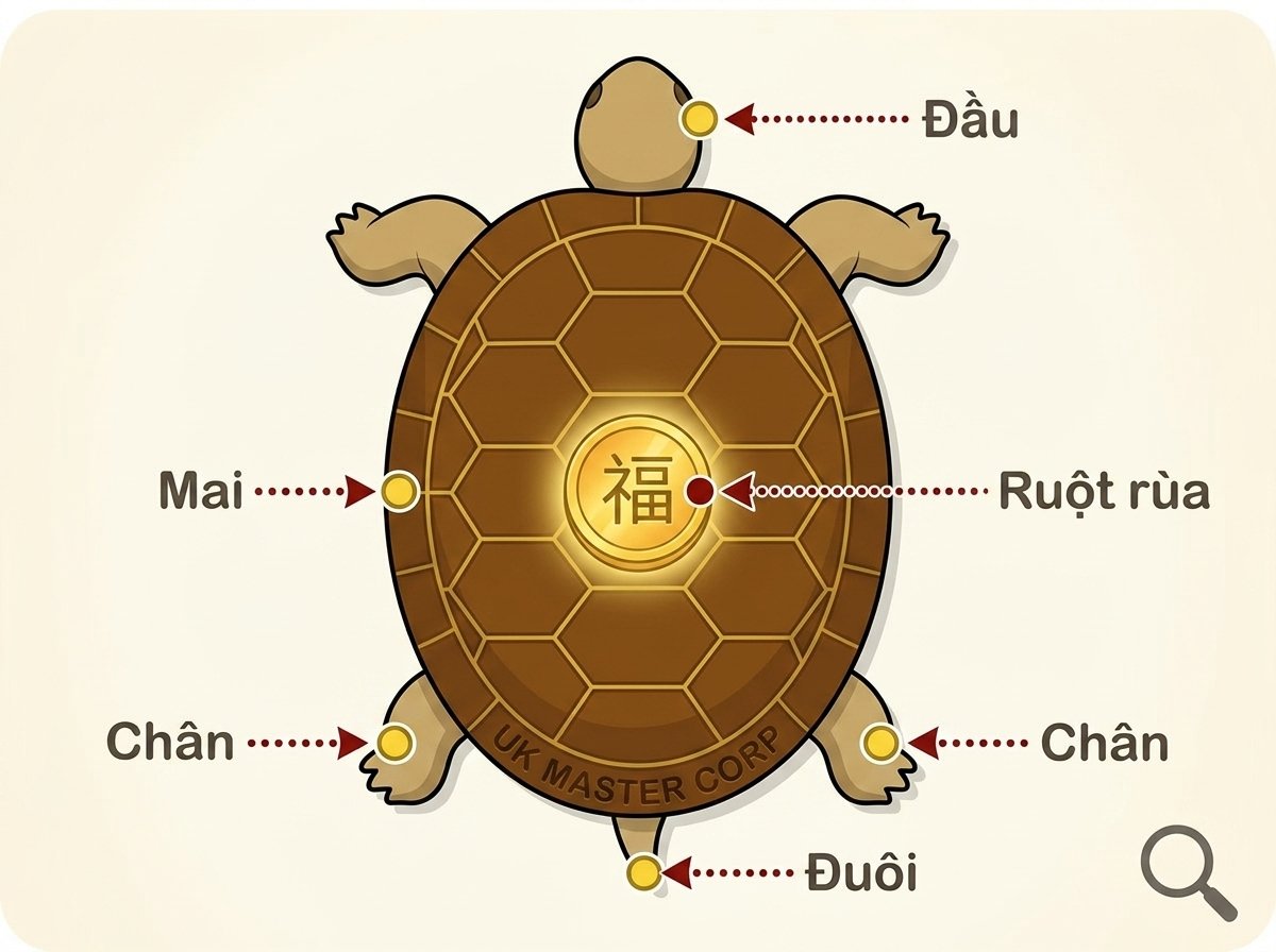 Mô hình con rùa đầy đủ gồm đầu, mai, 4 chân, đuôi và ruột rùa
