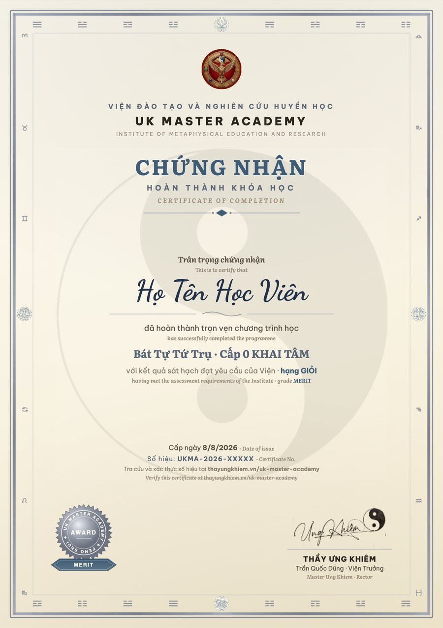 Chứng nhận hạng Giỏi MERIT của UK Master Academy, khung viền bạc thép, song ngữ Việt Anh