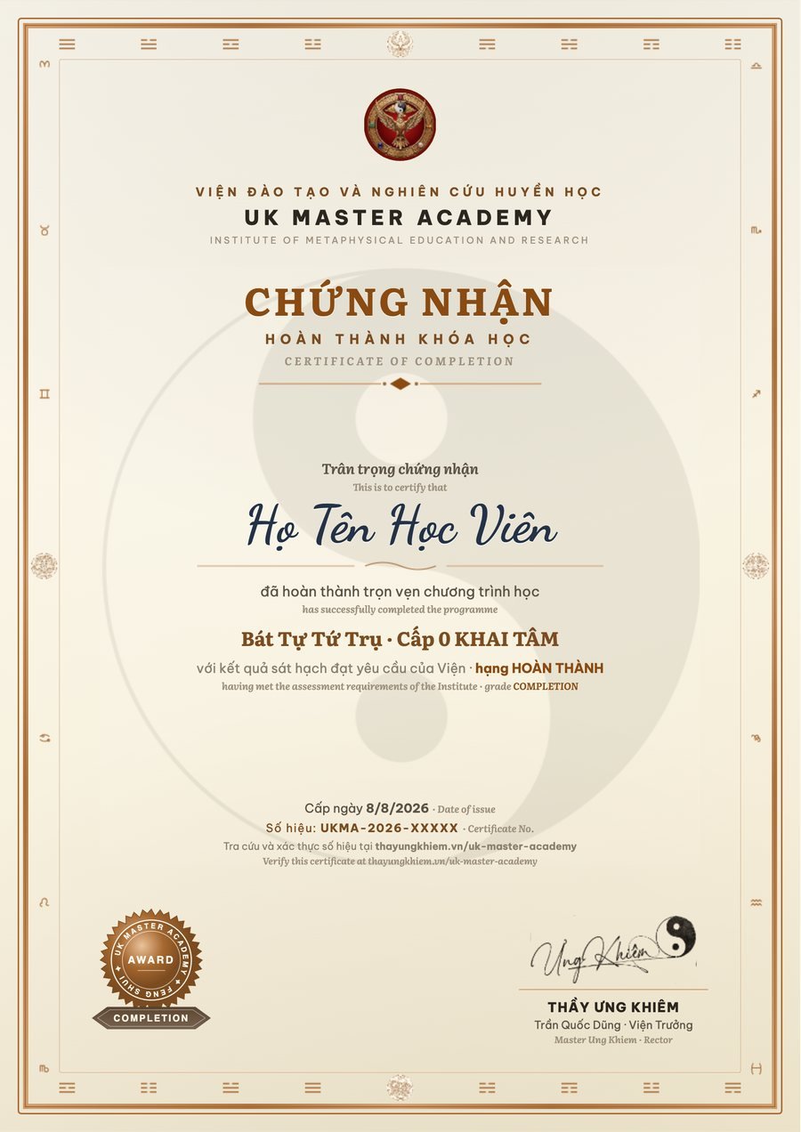 Chứng nhận hạng Hoàn Thành COMPLETION của UK Master Academy, khung viền đồng ấm, song ngữ Việt Anh