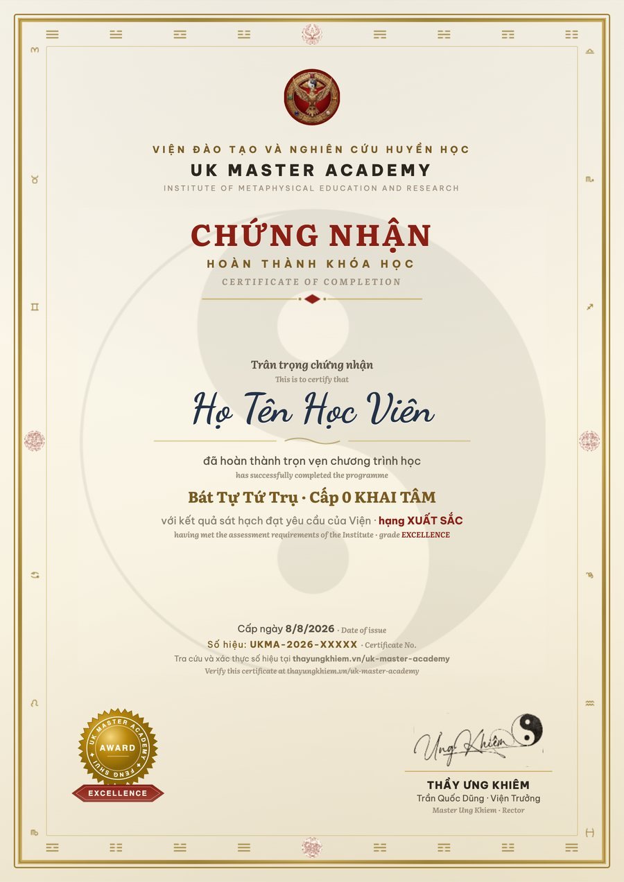 Chứng nhận hoàn thành khóa học hạng Xuất Sắc EXCELLENCE của UK Master Academy, khung viền vàng son, song ngữ Việt Anh