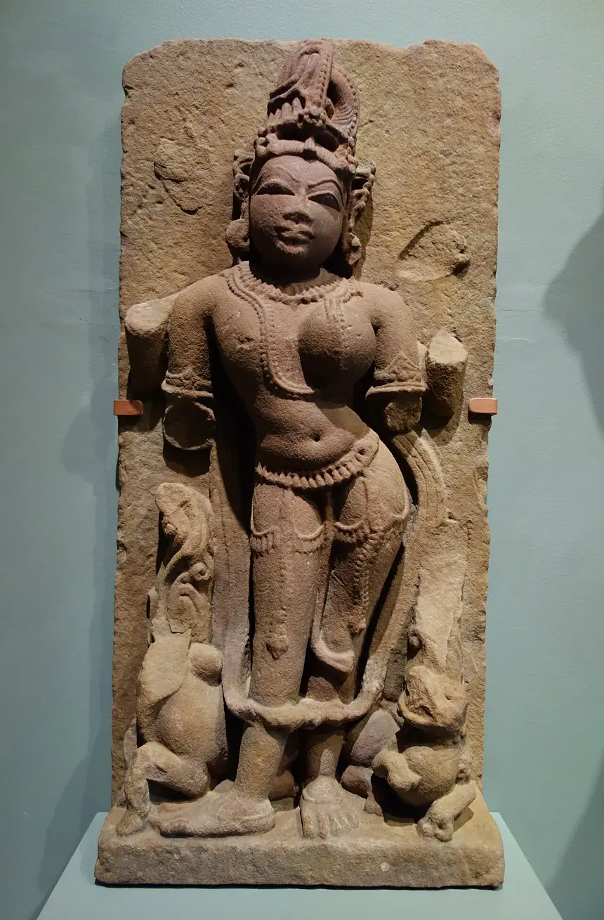 Ardhanarishvara, Shiva và Parvati chung một thân, nửa nam nửa nữ. Sa thạch, Madhya Pradesh, thế kỷ 10. Bảo tàng Nghệ thuật Á châu San Francisco.