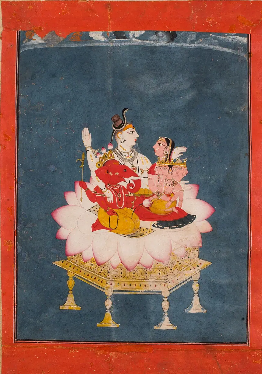 Thần Shiva, nữ thần Parvati và hai con là Ganesha và Karttikeya ngồi trên tòa sen. Tranh Ấn Độ, Bảo tàng Quốc gia New Delhi. Trang ảnh gốc không ghi niên đại.
