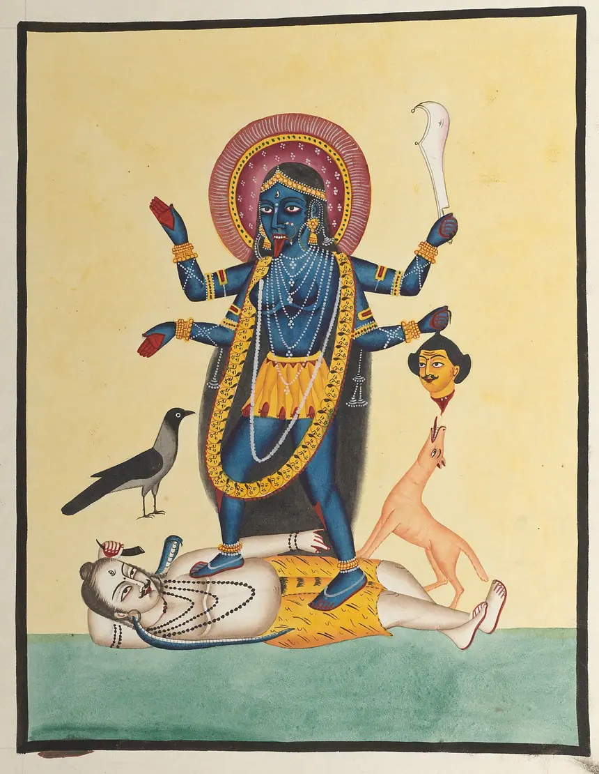 Nữ thần Kali da xanh thẫm, lưỡi thè, đeo vòng đầu lâu, đứng trên thân thần Shiva. Tranh Kalighat, Kolkata, thế kỷ 19. Bảo tàng Mỹ thuật Cleveland.