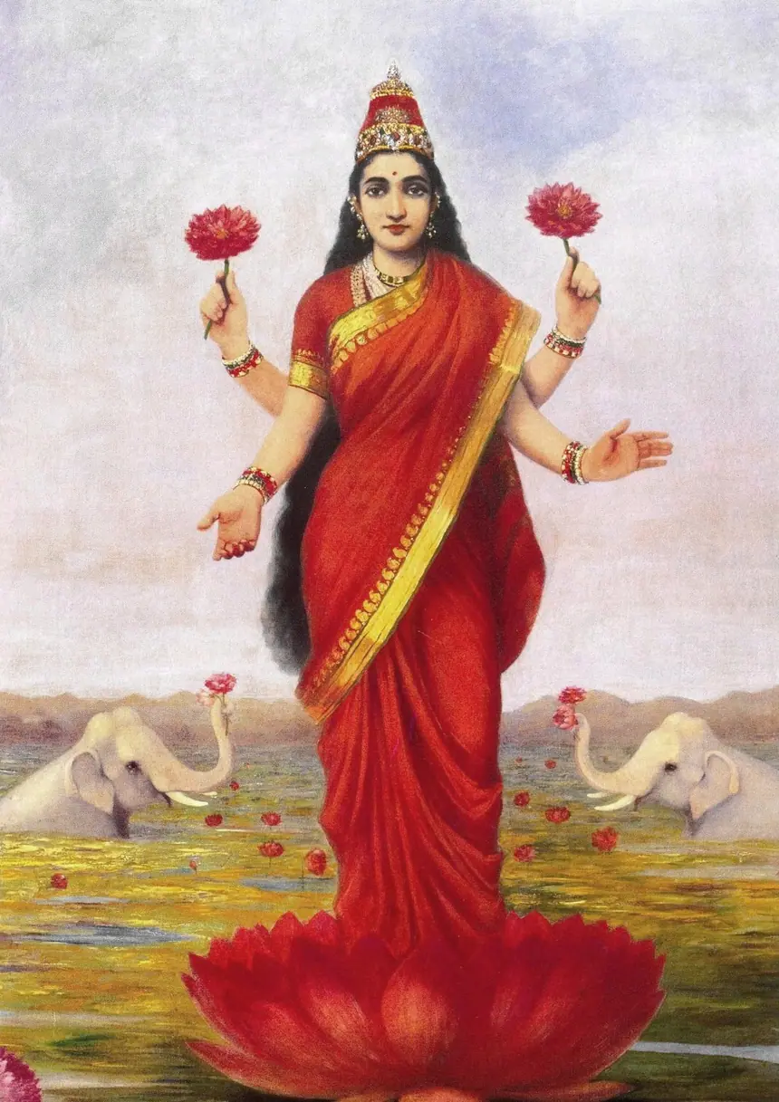 Nữ thần Lakshmi đứng trên hoa sen, tay cầm sen, có voi phía sau. Tranh của Raja Ravi Varma, năm 1896.