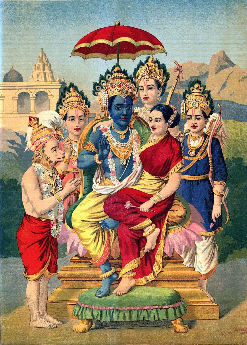 Rama và Sita ngồi trên ngai, có các em của Rama đứng quanh và Hanuman quỳ dưới chân. Tranh in thạch bản theo Raja Ravi Varma, trước năm 1906.
