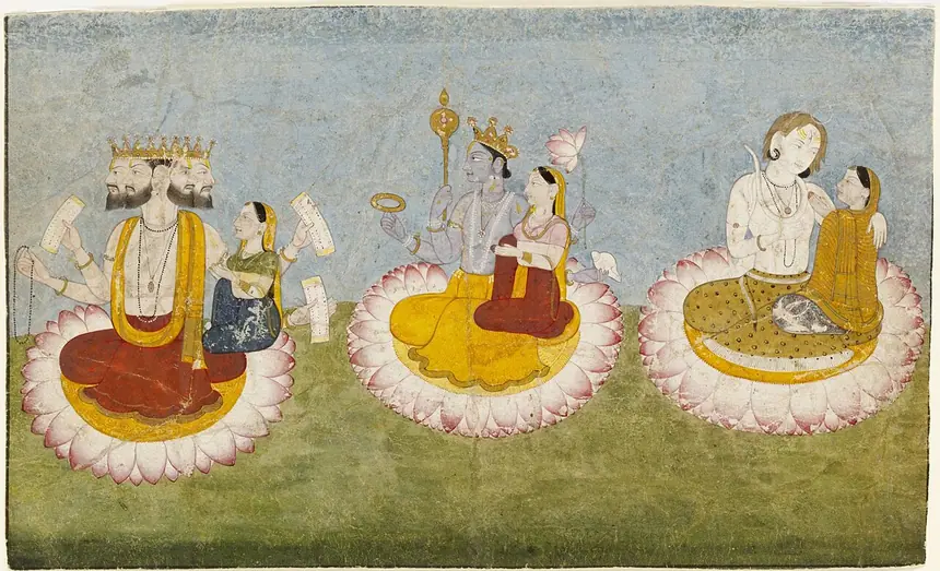 Brahma, Vishnu và Shiva ngồi trên ba tòa sen cùng ba vị nữ thần Sarasvati, Lakshmi và Parvati. Tranh màu trên giấy, Guler, tây bắc Ấn Độ, khoảng năm 1770. Bảo tàng Victoria và Albert, London.
