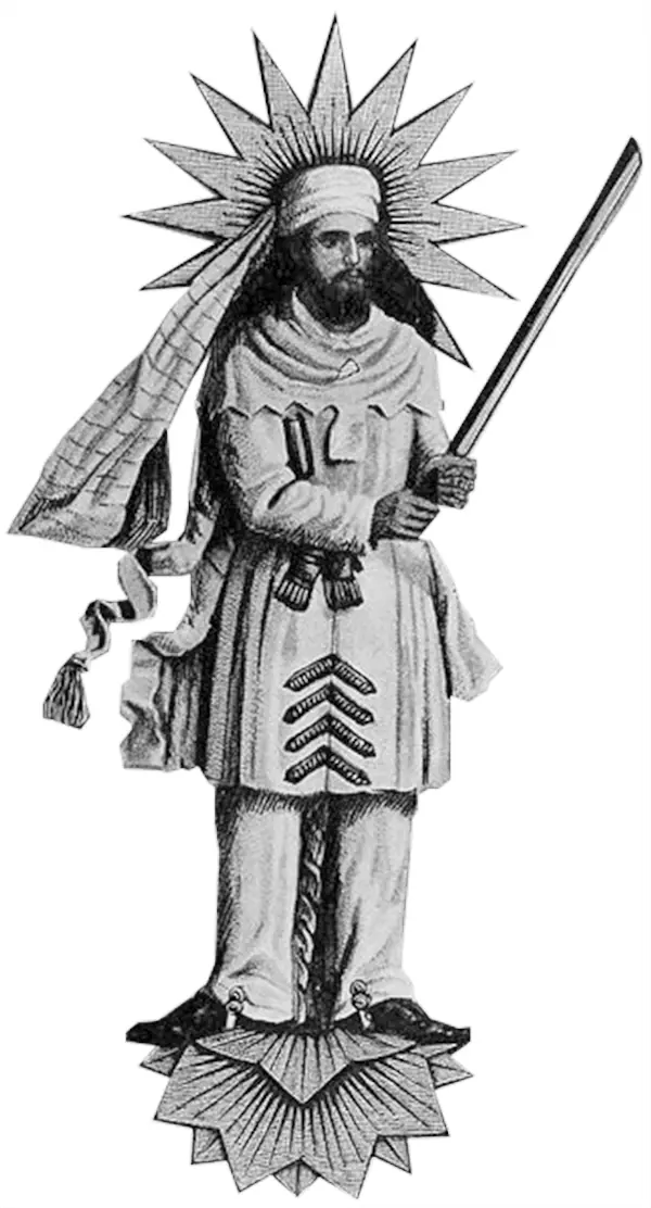 Hình Zarathustra theo lối vẽ quy ước của người Parsi thế kỷ 19, in trong một cuốn sách năm 1906. Hình này phỏng theo một nhân vật trên phù điêu Taq-e Bostan thế kỷ 4. Đây là hình do người đời sau nghĩ ra, không phải chân dung thật.