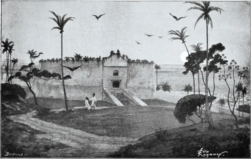 Một dakhma (tháp lặng) của người Parsi ở Bombay. Bản khắc ảnh in trong sách Les Parsis của Delphine Menant, Paris, năm 1898.