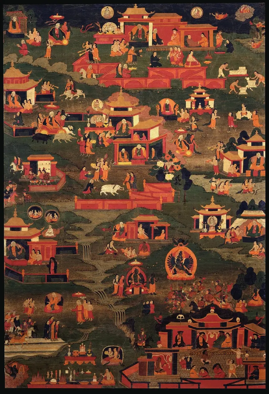Tranh kể sự tích Tonpa Shenrab bằng nhiều cảnh nhỏ nối nhau, không có hình lớn ở giữa. Tranh thangka, thế kỷ 19. Bảo tàng Mỹ thuật Rubin, New York (theo trang tệp gốc).