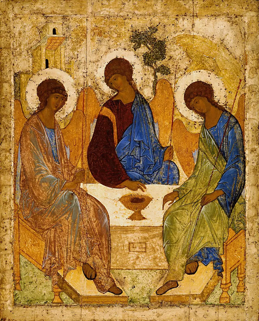 Ba Ngôi của Andrei Rublev: ba thiên thần ngồi quanh một bàn, giữa bàn là chiếc chén. Tempera trên ván, 142 x 114 cm, đầu thế kỷ 15.