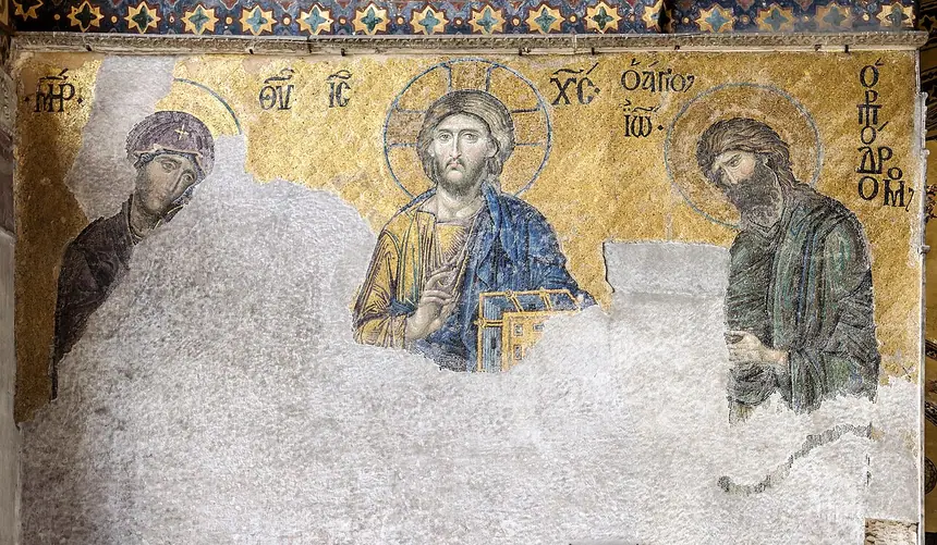 Deesis, tranh khảm thế kỷ 13 ở Hagia Sophia, Istanbul. Phần dưới của tranh đã mất.