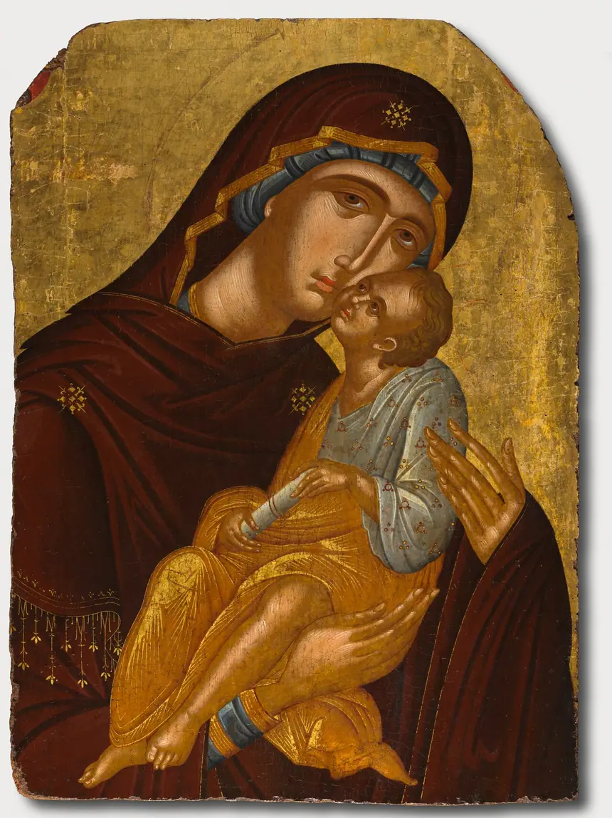 Đức Mẹ Eleousa của Angelos Akotantos, trường phái Crete, khoảng năm 1425 tới 1450, màu tempera và vàng trên ván. Bảo tàng Mỹ thuật Cleveland.