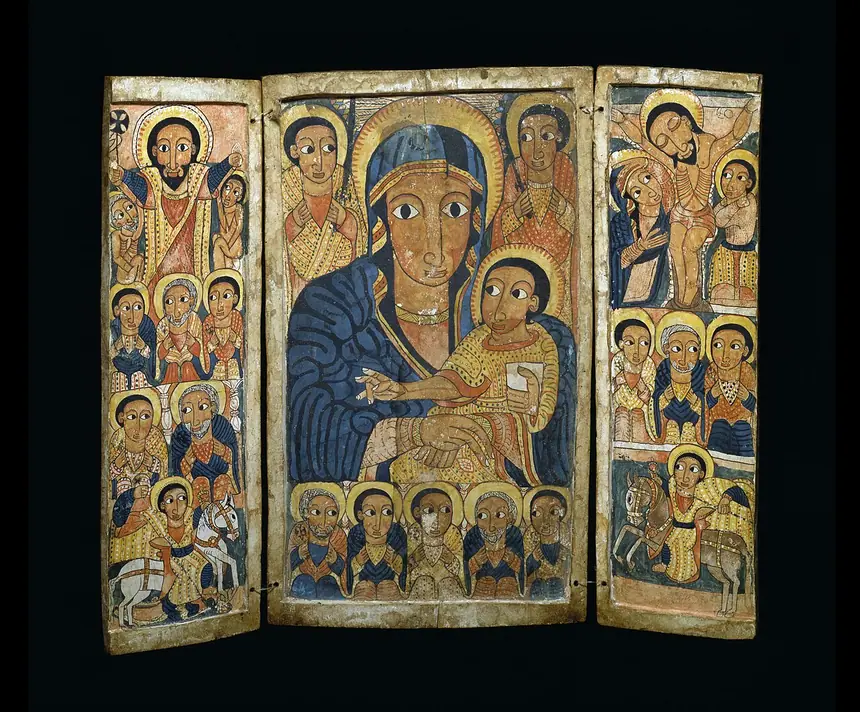 Bộ ba tấm của Ethiopia: Đức Mẹ bồng Chúa Con ở tấm giữa, chung quanh là các tông đồ và các thánh. Bảo tàng Mỹ thuật Walters, Baltimore.