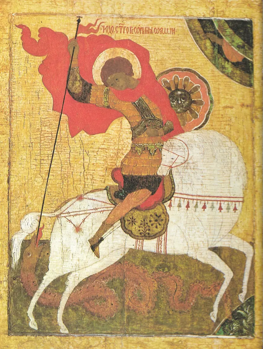 Thánh George cưỡi ngựa trắng đâm rồng, trường phái Novgorod, thế kỷ 15. Phòng tranh Tretyakov, Moscow.