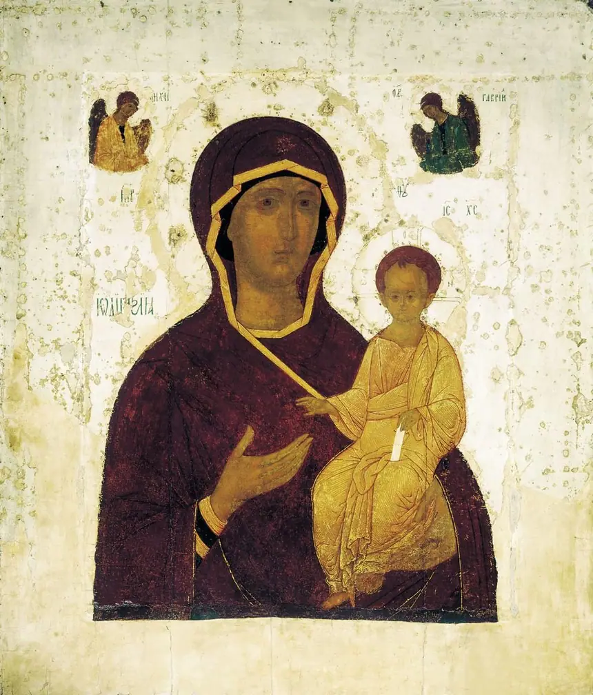 Đức Mẹ Hodegetria, trang tệp ghi tác giả là Dionisius. Bảo tàng Nga, Saint Petersburg. Tay Đức Mẹ chỉ về phía Con, Chúa Con giơ tay ban phép lành.