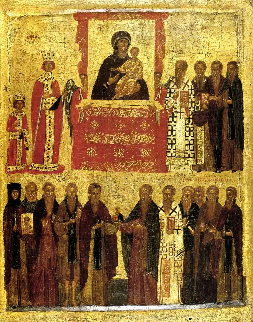 Icon Khải Hoàn Của Chính Thống, Constantinople, khoảng năm 1400, cao 39 cm. Bảo tàng Anh, London. Ở giữa hàng trên là tấm icon Đức Mẹ Hodegetria, bên cạnh là Hoàng hậu Theodora và con trai.
