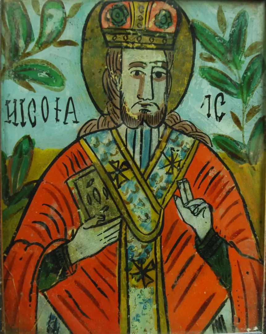 Thánh Nicholas, icon vẽ mặt sau tấm kính, tác giả dân gian khuyết danh. Bảo tàng Maramureș ở Sighet, Romania, số 5285.
