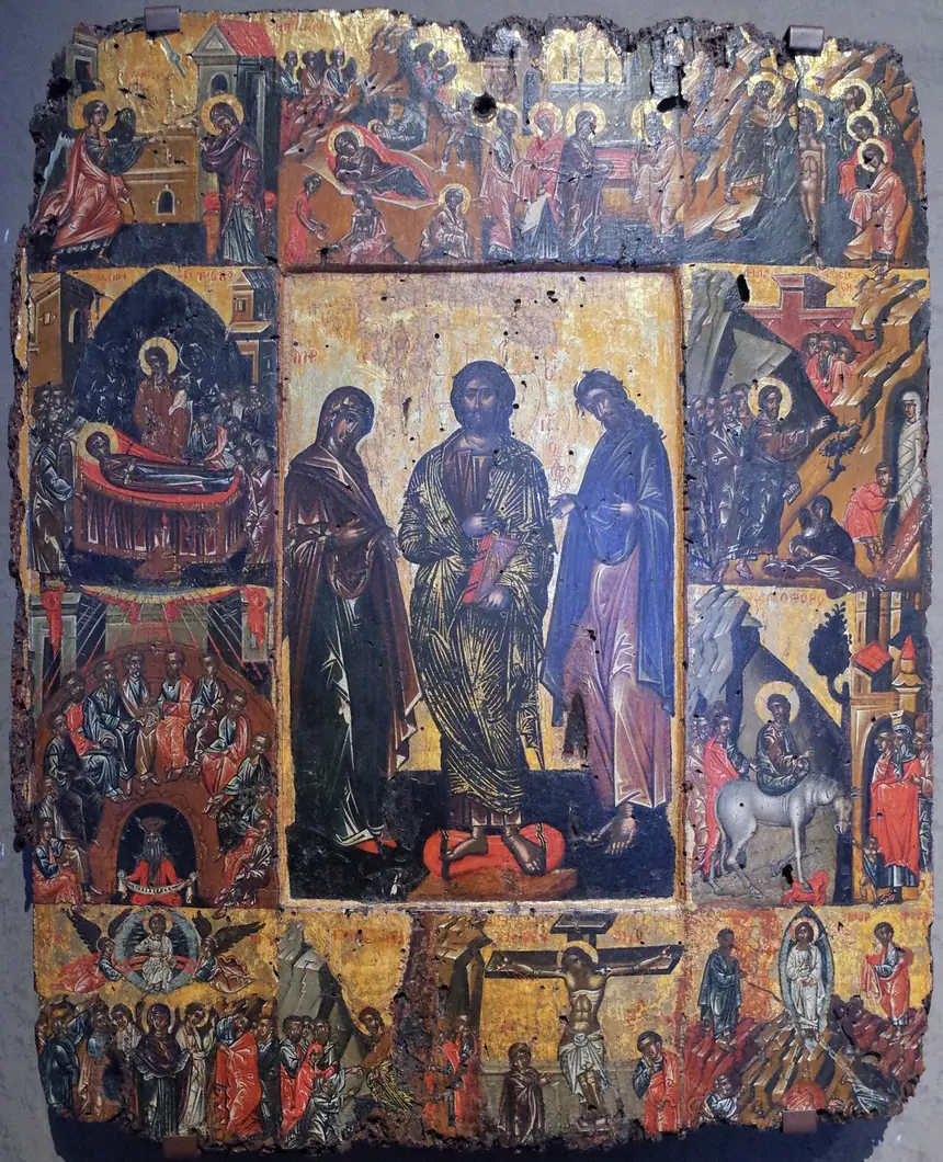 Deesis ở giữa và mười hai đại lễ chung quanh trên cùng một tấm icon, khoảng năm 1450 tới 1500. Bảo tàng Văn hóa Byzantine, Thessaloniki, Hy Lạp.