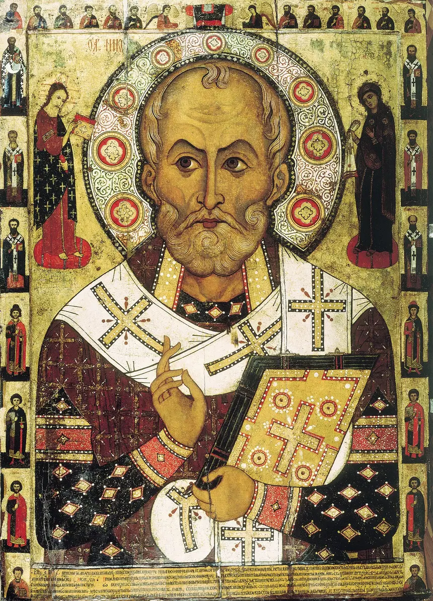 Thánh Nicholas, icon của Aleksa Petrov, năm 1294, từ nhà thờ Thánh Nicholas ở Lipno, Novgorod. Hai bên đầu thánh là hình nhỏ của Đức Kitô và Đức Mẹ.