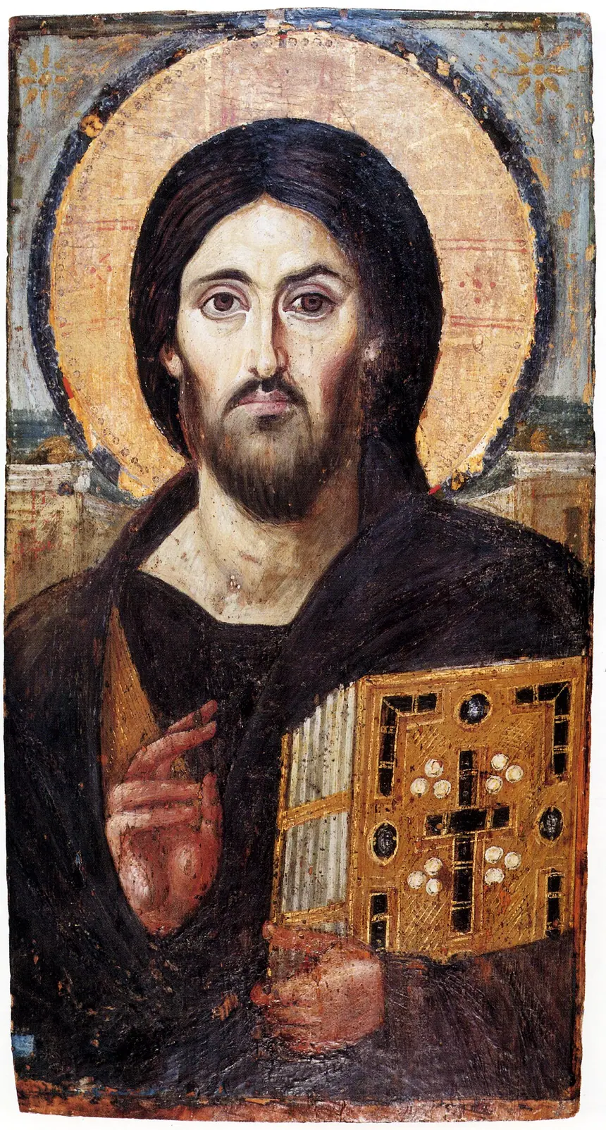 Đức Kitô Toàn Năng (Pantocrator), tranh sáp nung trên ván, thế kỷ 6, tu viện Thánh Catherine, núi Sinai, Ai Cập. Cao 84 cm, rộng 45,5 cm. Tay phải ban phép lành, tay trái ôm sách Phúc Âm.
