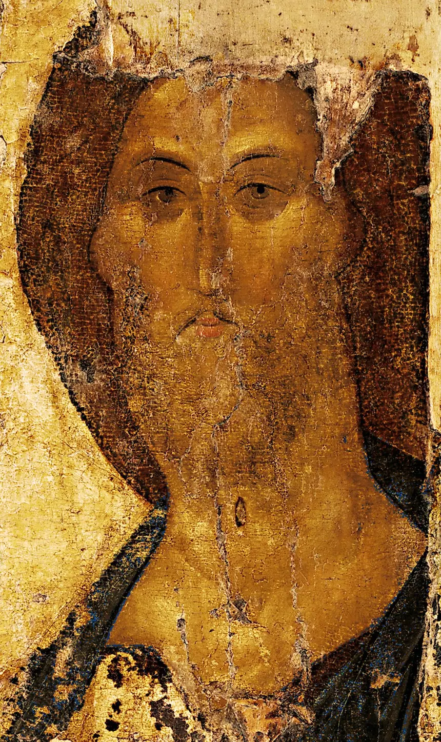 Đấng Cứu Thế, tấm giữa của bộ Deesis Zvenigorod, trang tệp ghi tác giả là Andrei Rublev. Lớp màu đã mất nhiều, còn lại gương mặt.