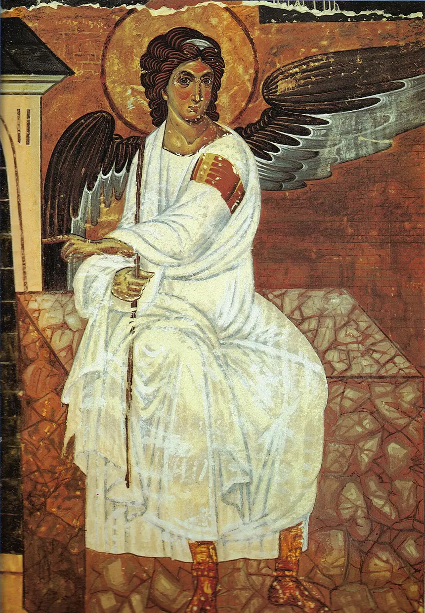 Thiên Thần Trắng: thiên thần ngồi bên mộ trống của Đức Kitô. Tranh tường khoảng năm 1235, tu viện Mileševa, Serbia.