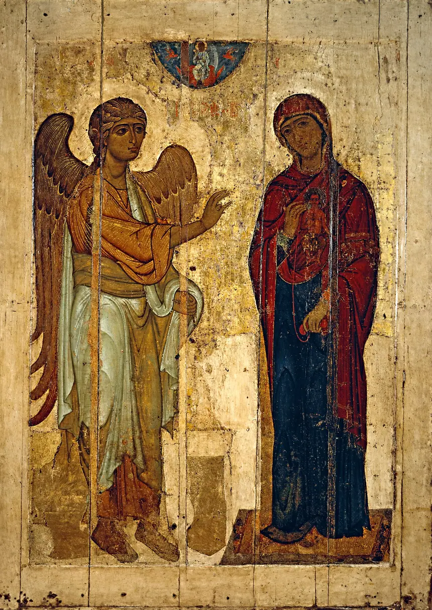 Truyền Tin Ustyug, Novgorod, khoảng năm 1120 tới 1130, cao 238 cm. Phòng tranh Tretyakov, Moscow. Một trong số ít icon Nga còn lại từ trước cuộc xâm lăng của người Mông Cổ.