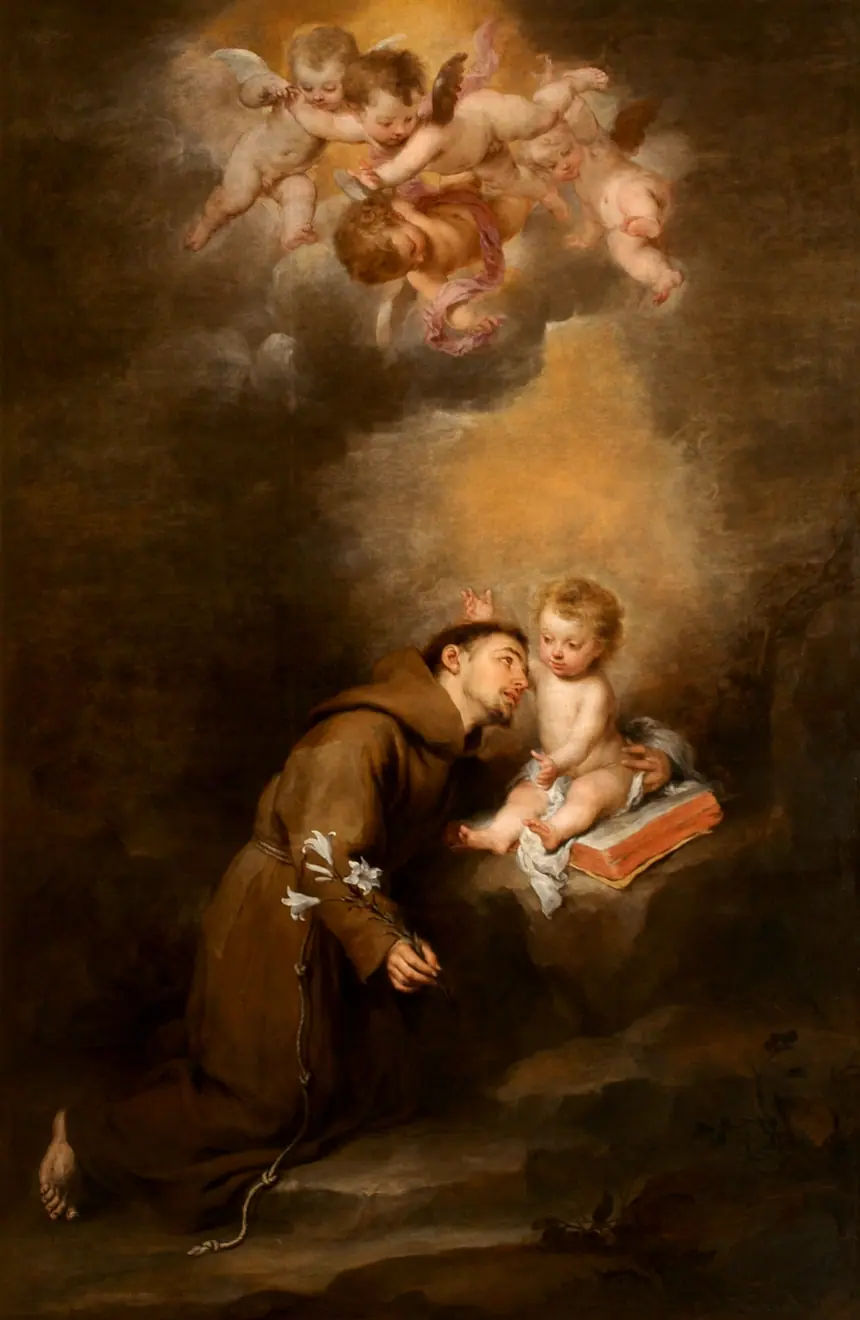 Thánh Antôn Padova quỳ ôm Chúa Hài Đồng đang ngồi trên một cuốn sách, tranh của Bartolomé Esteban Murillo, khoảng năm 1668 tới 1669.