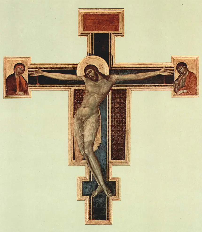 Thánh giá vẽ trên gỗ của Cimabue, nhà thờ Santa Croce, Florence, Ý, cao 448 và rộng 390 phân. Ảnh ghi lại tình trạng trước trận lụt năm 1966, khi tranh chưa bị hư hại.