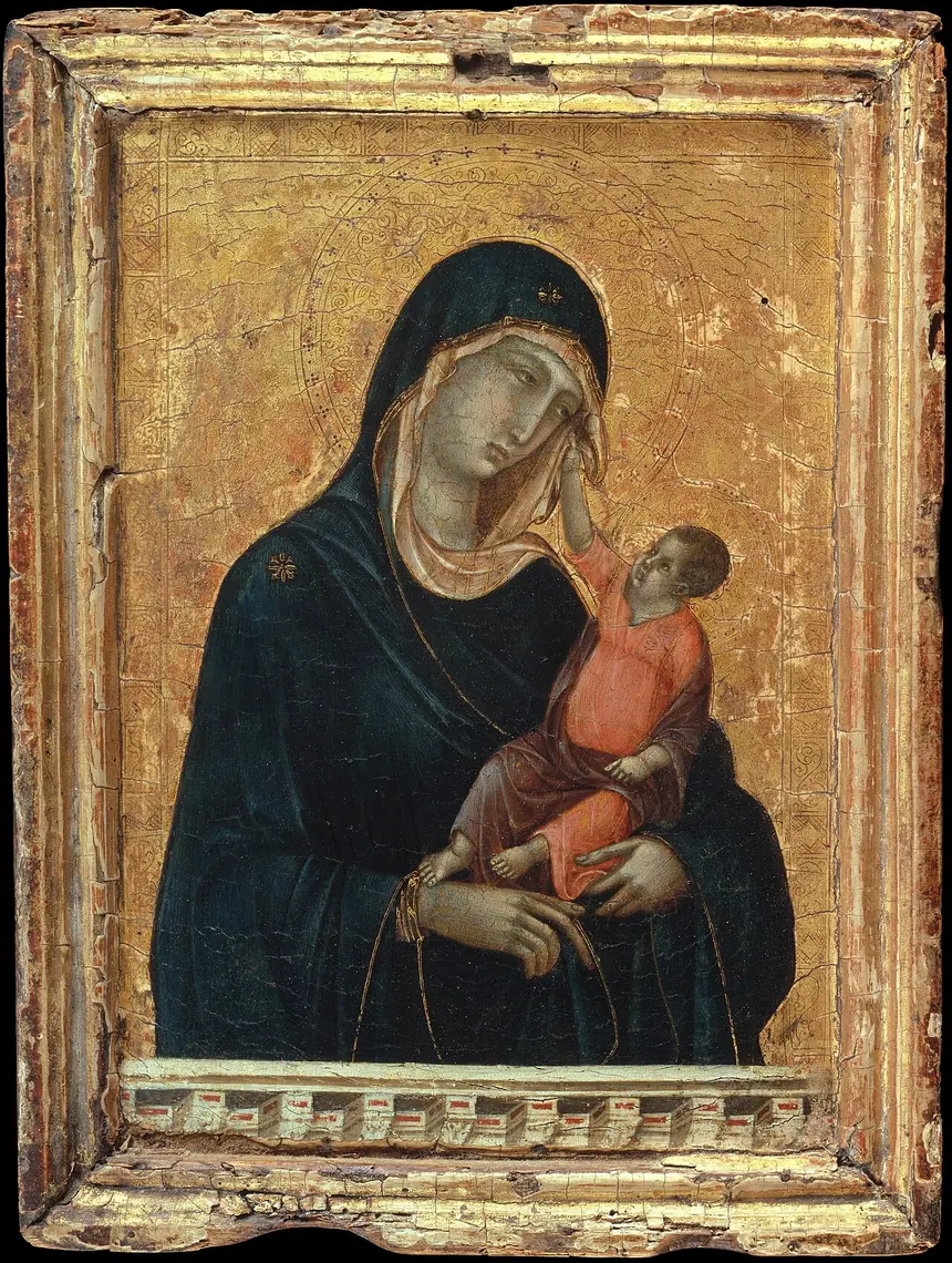Đức Mẹ và Chúa Hài Đồng, tranh màu keo và vàng trên gỗ của Duccio di Buoninsegna, khoảng năm 1300. Bảo tàng Metropolitan, New York.