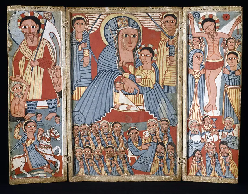 Tranh thờ ba cánh của Ethiopia, đầu thế kỷ 17: Đức Mẹ và Chúa Hài Đồng giữa các tổng lãnh thiên thần. Tấm giữa vẽ theo linh ảnh Đức Mẹ ở đền thờ Đức Bà Cả, Roma. Bảo tàng Nghệ thuật Walters, Baltimore.