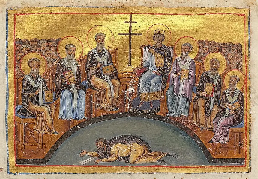 Công đồng Nicêa II (năm 787), tranh nhỏ trong bộ Menologion của hoàng đế Basil II, khoảng năm 1000. Thư viện Tông tòa Vatican, Vat. gr. 1613.