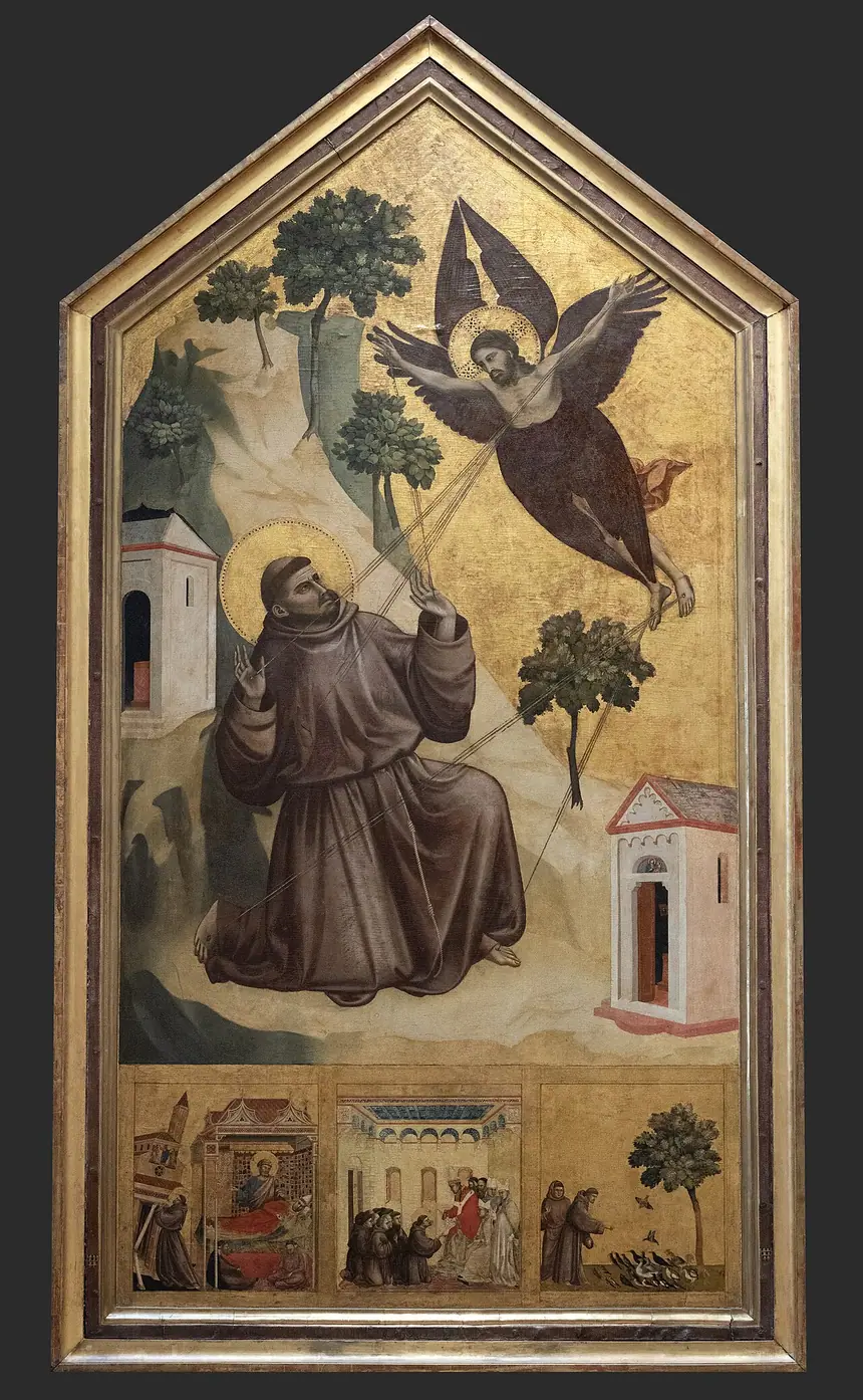 Thánh Phanxicô Assisi nhận năm dấu thánh, tranh trên gỗ của Giotto, khoảng năm 1297 tới 1299. Bảo tàng Louvre, Paris.