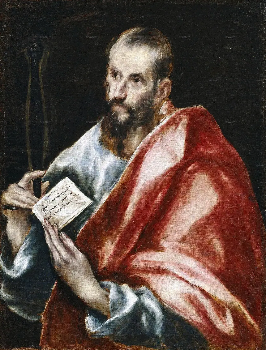Thánh Phaolô, một tay đặt trên chuôi gươm, một tay cầm lá thư. Tranh của El Greco và xưởng vẽ, khoảng năm 1608 tới 1614. Bảo tàng Prado, Madrid.