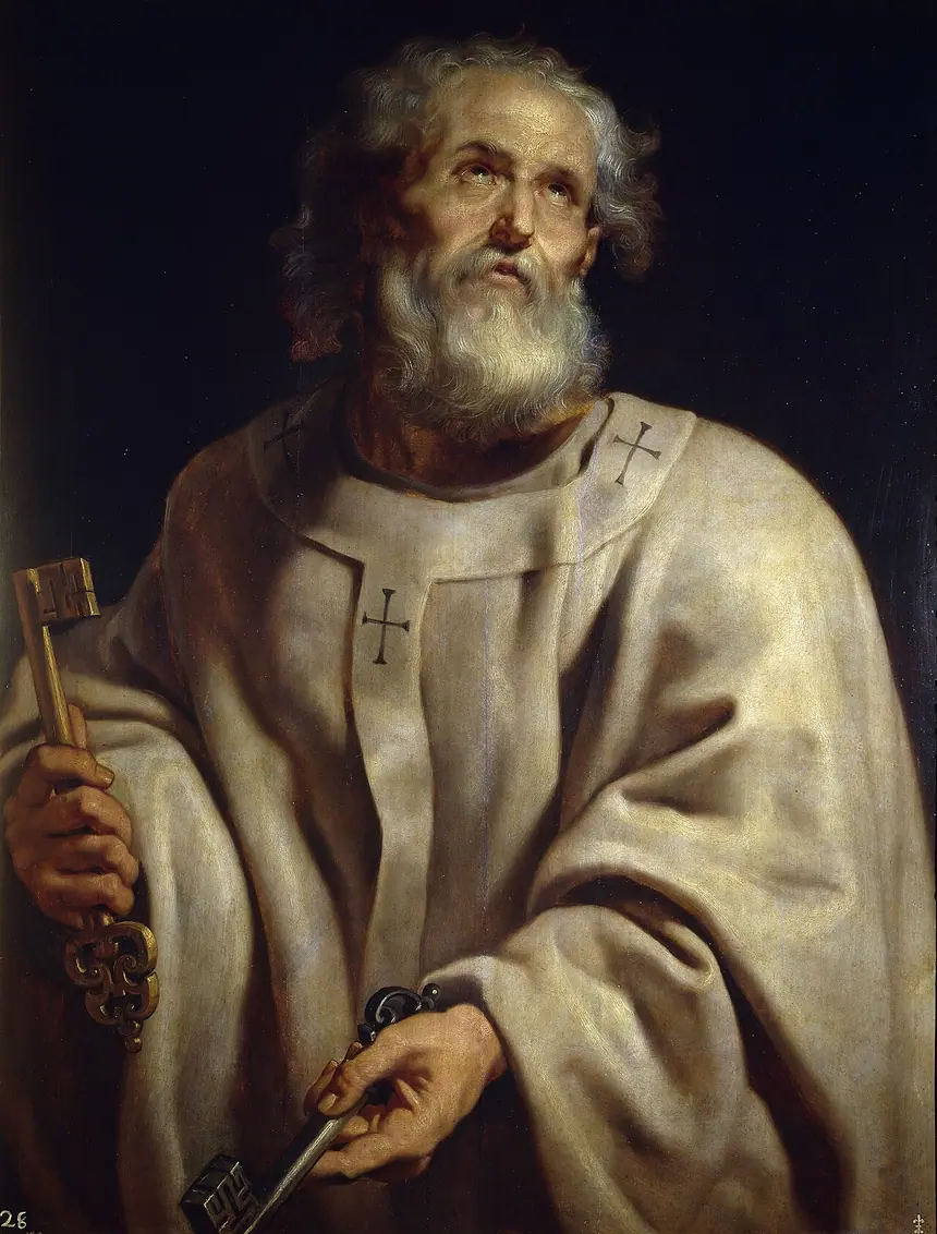 Thánh Phêrô cầm hai chìa khóa, vai mang dây pallium, tranh của Peter Paul Rubens, khoảng năm 1610 tới 1612. Bảo tàng Prado, Madrid.