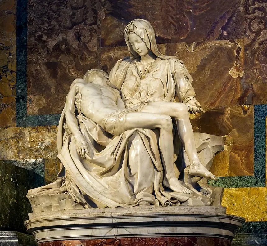 Pietà của Michelangelo, cẩm thạch, năm 1499, đền thờ Thánh Phêrô, Vatican. Đức Mẹ ôm xác Chúa Giêsu trong lòng.