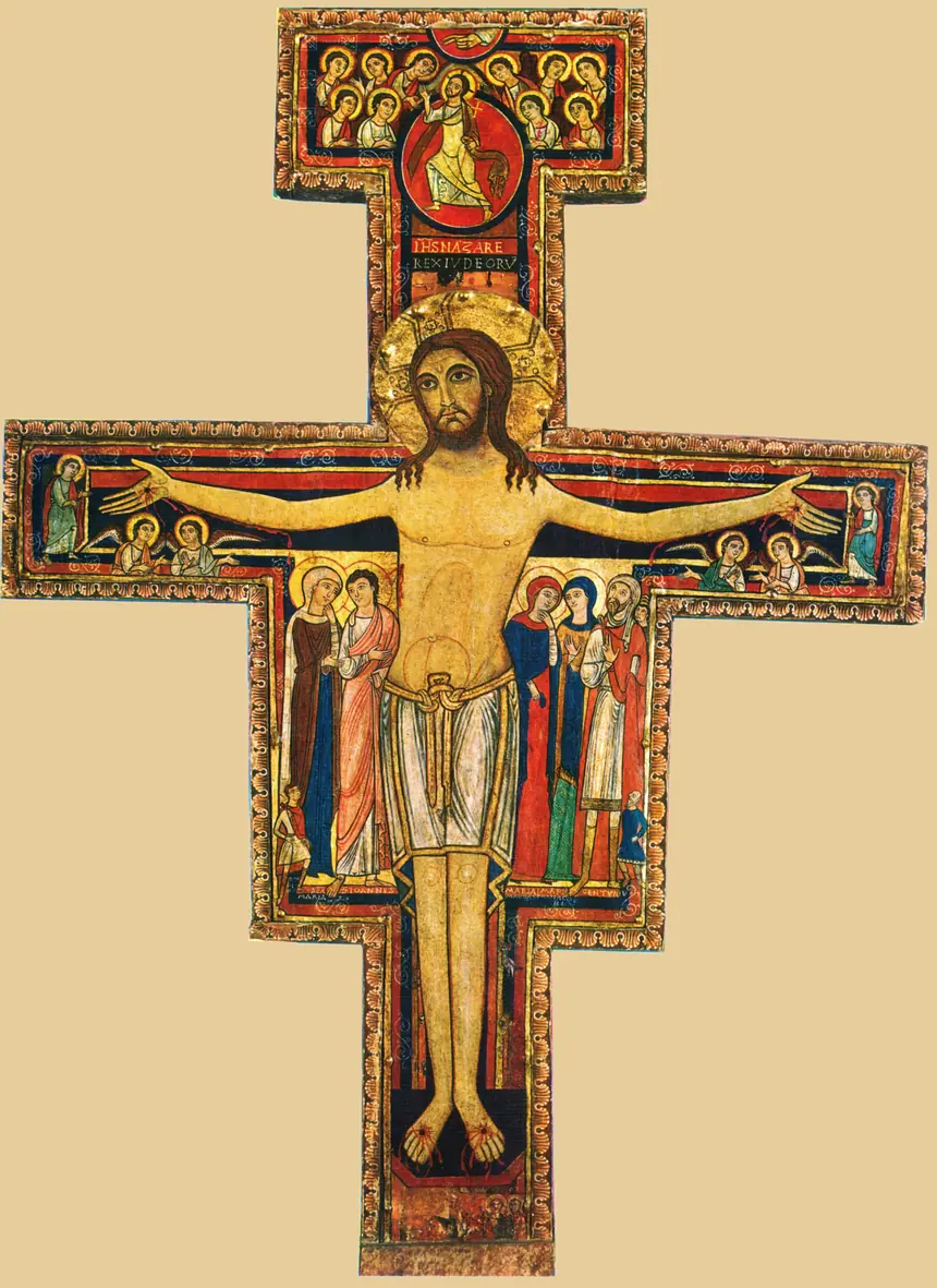 Thánh giá San Damiano, tranh vẽ trên gỗ, khoảng năm 1100. Bản gốc treo tại vương cung thánh đường Thánh Clara, Assisi, Ý. Chúa Giêsu đứng thẳng, mắt mở, chung quanh có nhiều nhân vật nhỏ.