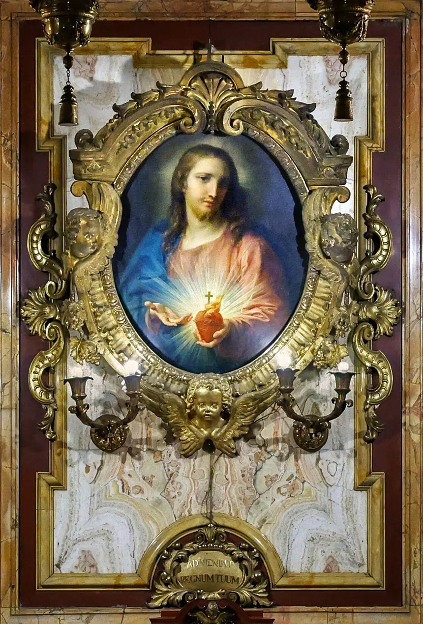 Thánh Tâm Chúa Giêsu, tranh sơn dầu của Pompeo Batoni, thế kỷ 18, trên bàn thờ một nhà nguyện cạnh trong nhà thờ Gesù, Roma. Chúa Giêsu cầm trái tim bốc lửa, có vòng gai và thánh giá.
