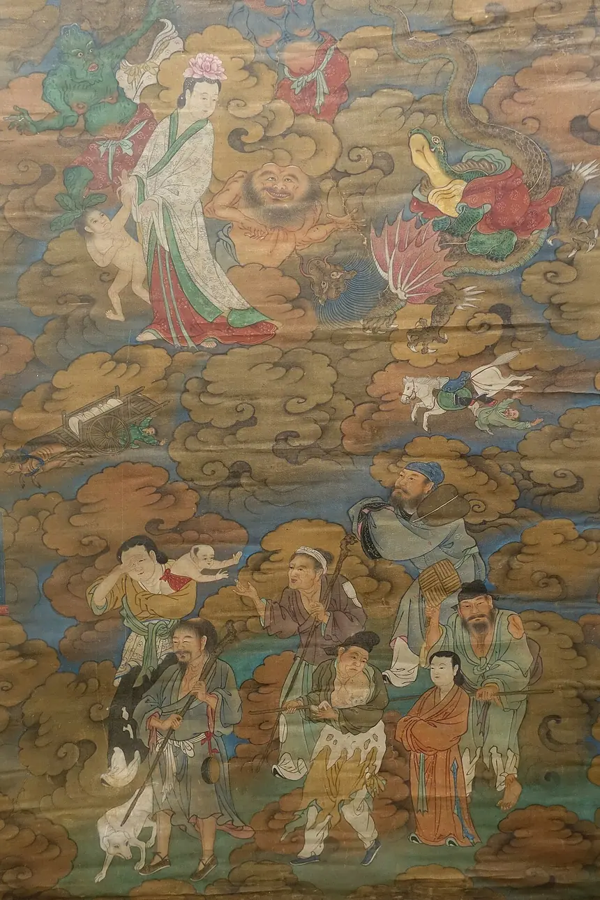 Tranh Bát Tiên trên mây và sóng nước. Bảo tàng Đại học Tứ Xuyên, Thành Đô. Trang ảnh gốc không ghi niên đại.